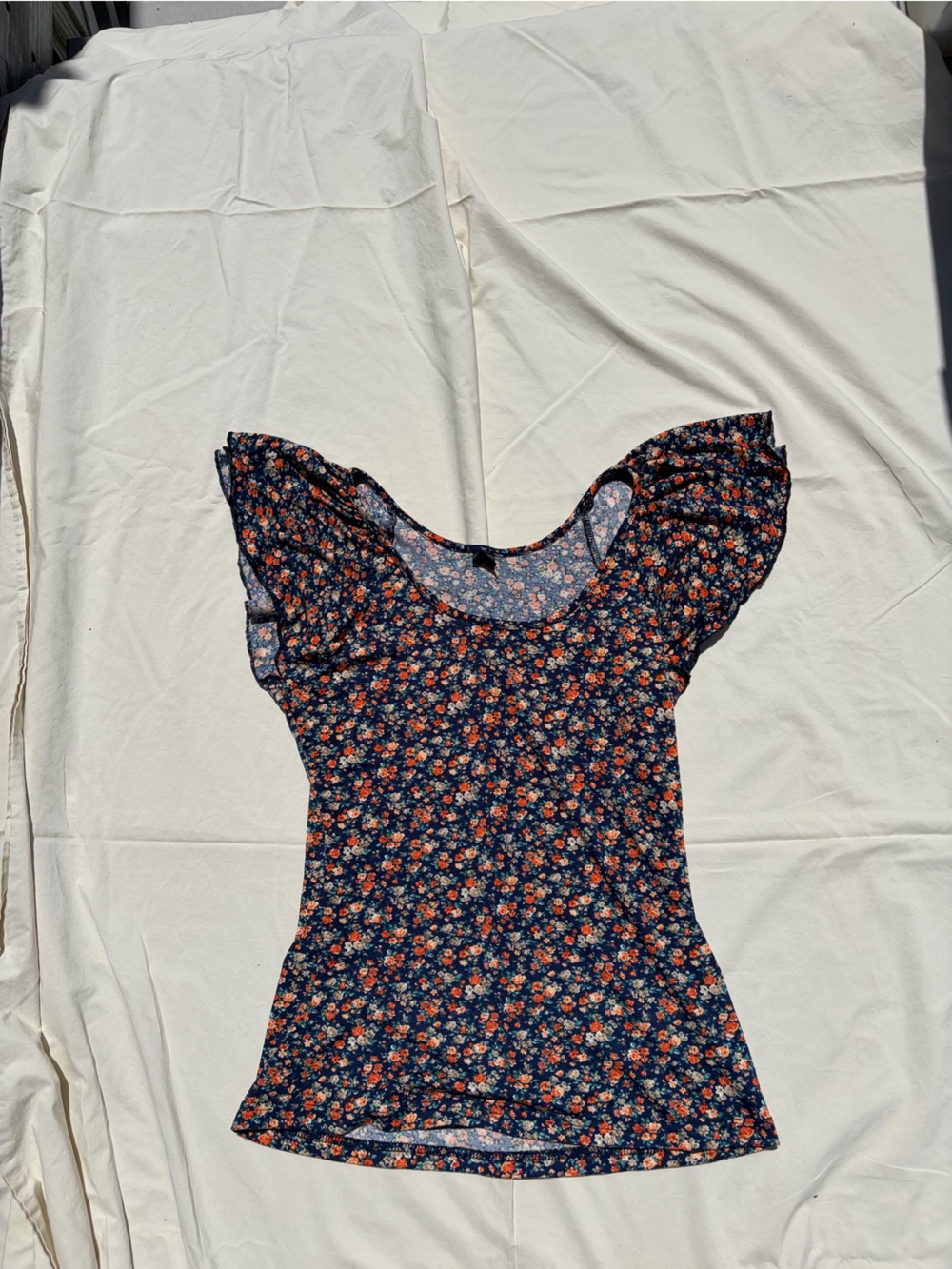 SHEIN Navy Floral Flutter-Sleeve Blouse - Orange, White